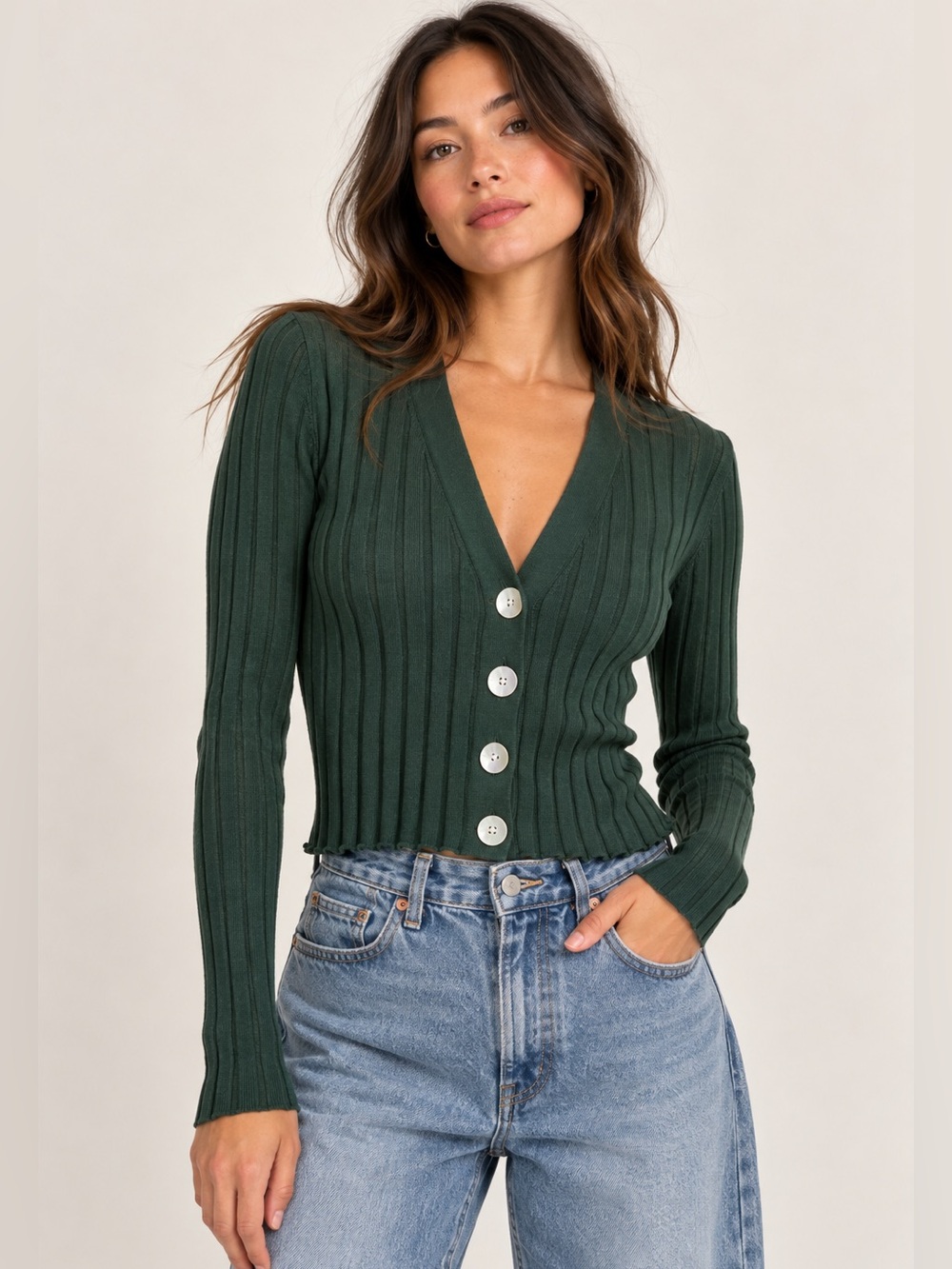 Madewell Akila Merino Silk Wide Rib Cardigan Green M Shell Buttons